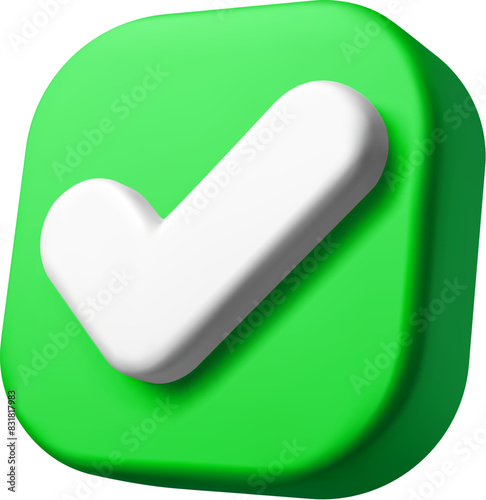 3d check icon, checklist tick, done mark. Green squared button with a white tick angle view. Isolated vector plastic style checkmark, symbol of selection, confirmation or approval for web application