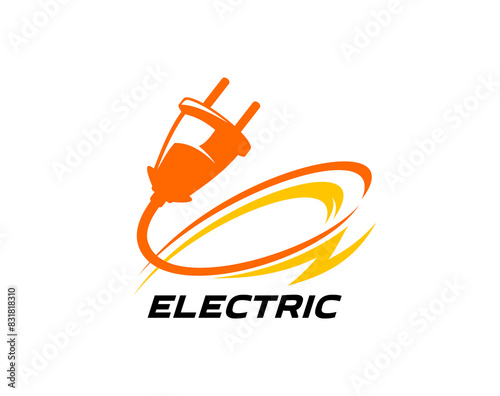Electric energy icon of power industry. Vector lightning bolt with electric plug and cable swirl isolated symbol of electricity technology. Orange electrical supplies and thunderbolt, power energy