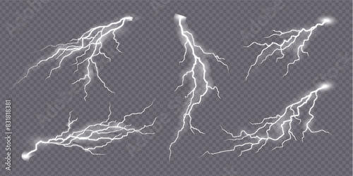 Flash strike lightning effect, thunderstorm electric spark of thunder bolt, realistic vector. Lightning electric charge of thunder light energy or thunderbolt flash sparks on transparent background © Vector Tradition