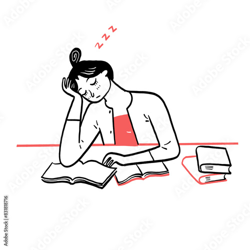Billede på lærred Tired sleepy woman student fall asleep on table break from studying exam preparation concept