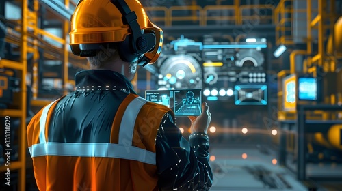 Illustration of Using AR and VR for training, maintenance, and design visualization in industrial environments. Ai Generate.