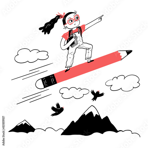 Back to school concept and little girl sitting on pencil is flying in the sky.