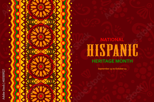 National Hispanic heritage month festival banner with ethnic ornament pattern, vector background. Latin America holiday of Hispanic Americans tradition and culture heritage of handicraft and folk art