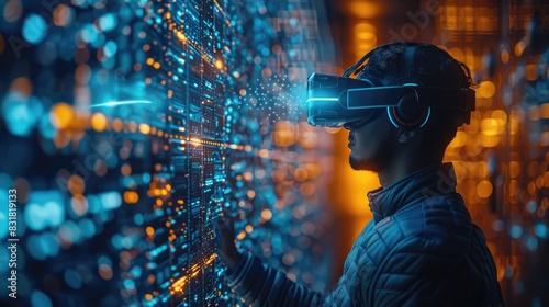 Man wearing virtual reality headset, interacting with immersive digital environment. Futuristic technology and augmented reality concept.
