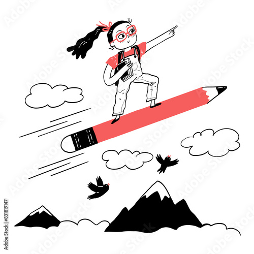 Back to school concept and little girl sitting on pencil is flying in the sky.