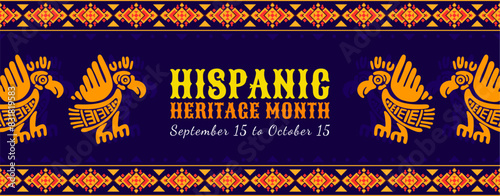 Aztec eagle bird totems ornament, national Hispanic heritage month banner. Mexican and Spanish national holiday or Latin America culture celebration or festival vector background with ethnic ornaments