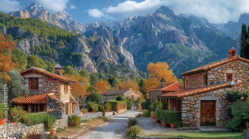 Charming mountain village with stone houses and vibrant autumn foliage, nestled against a backdrop of towering rugged peaks under a bright blue sky.