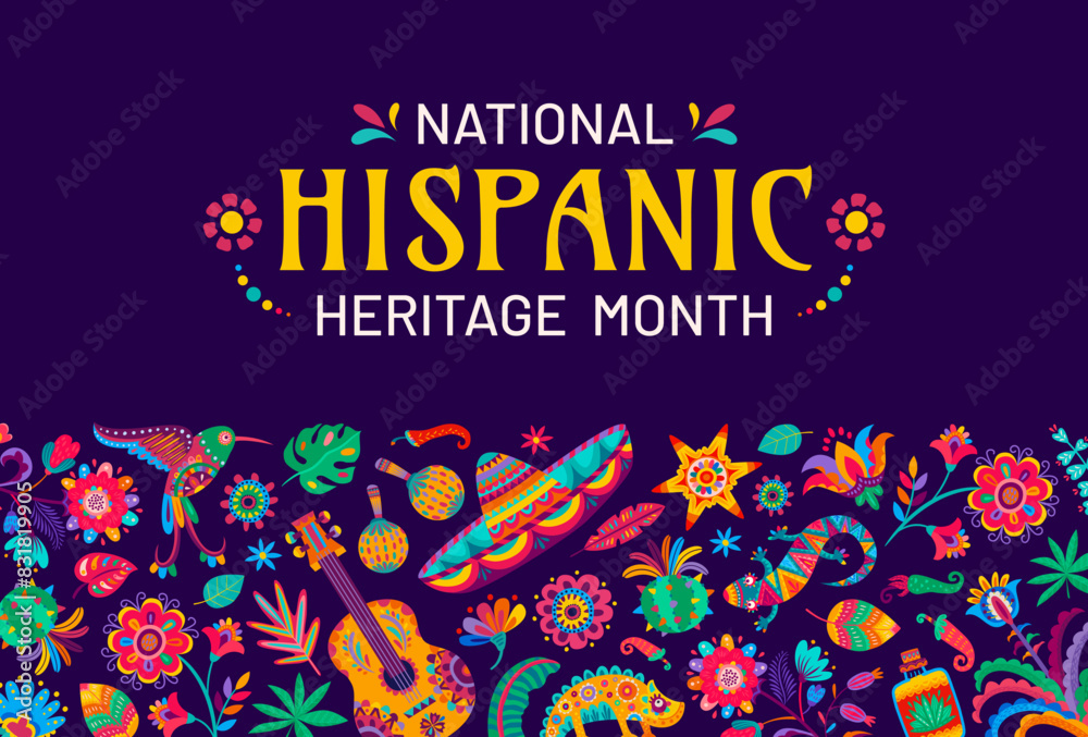 National Hispanic heritage month festival banner with tropical flowers, guitar and sombrero, vector ornament pattern. Latin American culture and Hispanic heritage month holiday of tradition and art