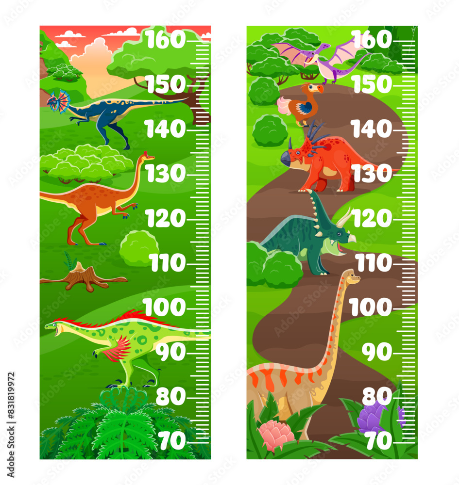 Kids height chart ruler with prehistoric dinosaurs. Vector growth meter ...