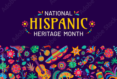 National Hispanic heritage month festival banner with tropical flowers, guitar and sombrero, vector ornament pattern. Latin American culture and Hispanic heritage month holiday of tradition and art