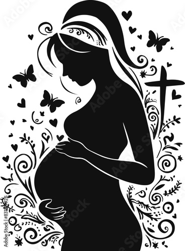 abstract silhouette of a Christian pregnant woman. black and white lovely religious mother. Happy Mother's Day concept.