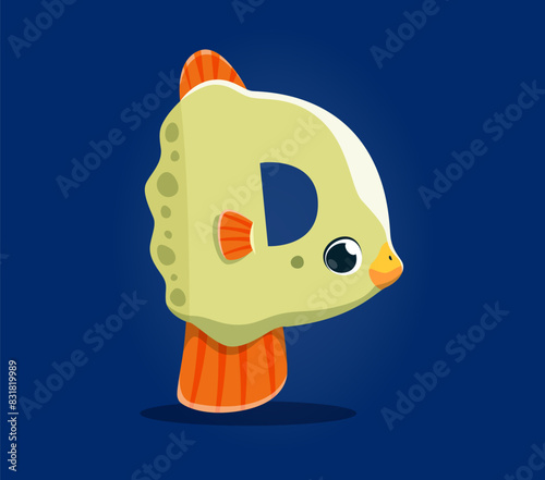 Sea animals in underwater font, letter P as fish or undersea cartoon character, vector alphabet type. Sea animals font or ocean ABC typeface with funny tropical aquarium fish in letter P for kids type