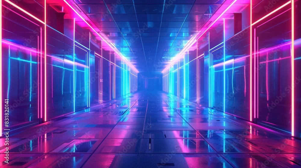 Futuristic empty neon background. High tech lines, studio product, future cyberspace concept. 3D illustration. copy space - Generative Ai