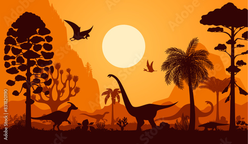 Prehistoric dinosaur silhouettes. Vector scene with silhouetted dinos. Soaring pterodactyl, swift velociraptor and towering brachiosaurus roam landscape with ferns, hills, palm trees, and dusk sun