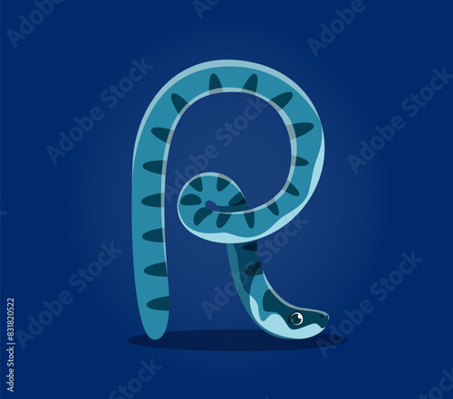 Sea animals in underwater font, letter R as undersea cartoon character, vector ABC alphabet. Sea animals font or ocean ABC typeface with funny sea snake or eel fish in letter R for undersea type