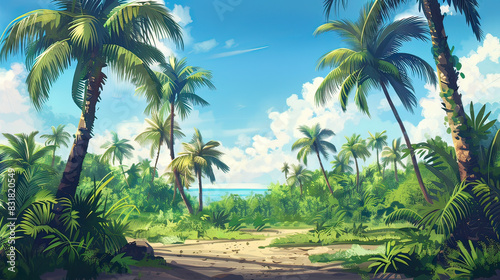 Realistic tropical landscape with palm trees swaying, AI generative