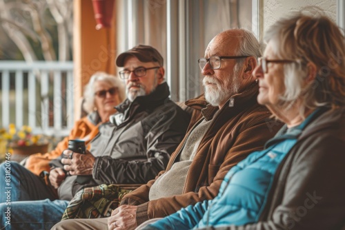 Group of senior people sitting in a train and drinking coffee. Selective focus.