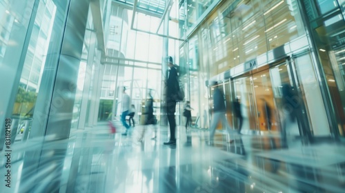 Busy people blur past in a sleek corridor