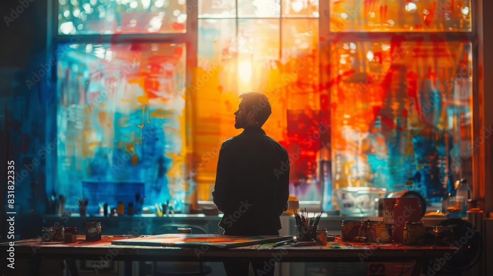 Art studio with painting supplies (close up, focus on, copy space) Creative and lively tones Double exposure silhouette with paintbrush , Art studio with painting supplies (close up, focus on, copy space) Creative and lively tones Double exposure silhouette with paintbrush ,
