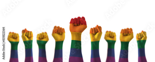 LGBT pride month with rainbow flag pattern on LGBTQ+, LGBTQIA, gay, lesbian people hands isolated on white background for International day against homophobia and transphobia photo