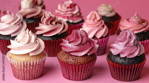 A hot pink background displaying an assortment of cupcakes each topped with different shades of pink glitter, celebrating diversity and beauty in a unique Women's Day event.