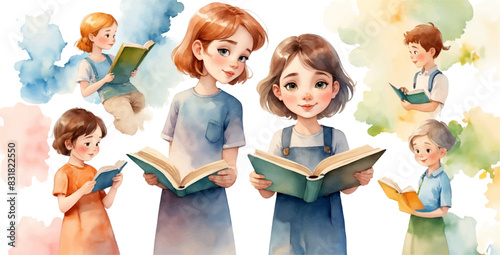 Illustration of Children's Day. Children, books reading in home with friends, learning or diversity for reading at school playground. Kids, education or study with support, water color style 