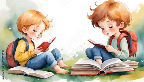 Illustration of Children's Day. Children, books reading in home with friends, learning or diversity for reading at school playground. Kids, education or study with support, water color style 