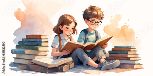 Illustration of Children's Day. Children, books reading in home with friends, learning or diversity for reading at school playground. Kids, education or study with support, water color style 
