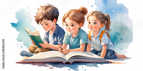 Illustration of Children's Day. Children, books reading in home with friends, learning or diversity for reading at school playground. Kids, education or study with support, water color style 