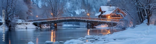 Snowcovered bridge in the evening photo
