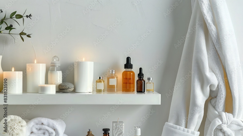 A luxurious white bathroom shelf showcasing a variety of spa products like scented candles, essential oils, and a white fluffy bathrobe hanging nearby. A luxurious white bathroom shelf showcasing a variety of spa products like scented candles, essential oils, and a white fluffy bathrobe hanging nearby.