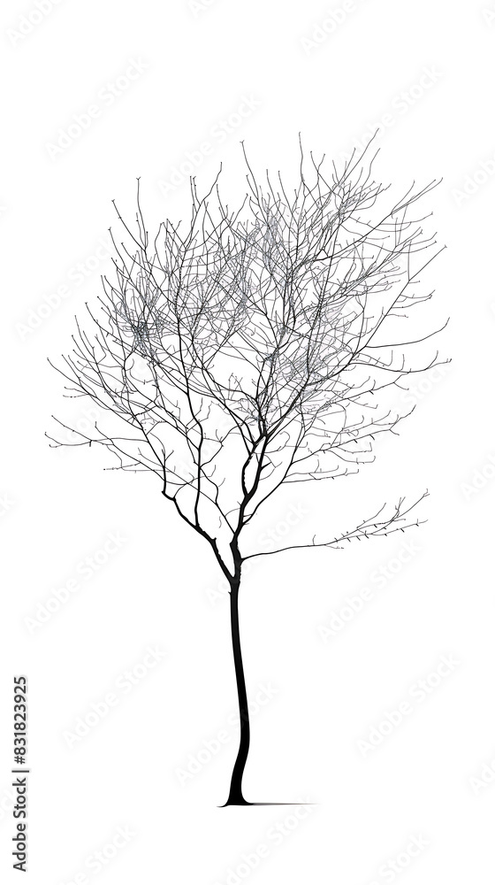 Black silhouette of a leafless winter tree with bare branches against a white sky Black silhouette of a leafless winter tree with bare branches against a white sky
