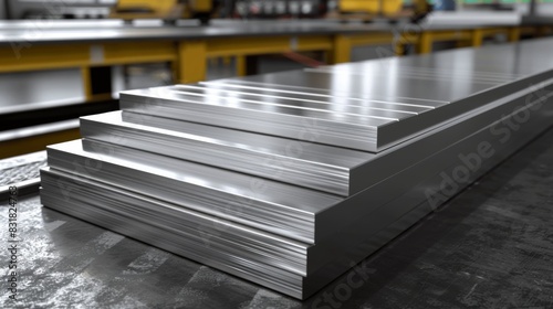 A stack of metal sheets on a table. The sheets are silver and appear to be of varying thicknesses. Concept of industrial activity and precision photo