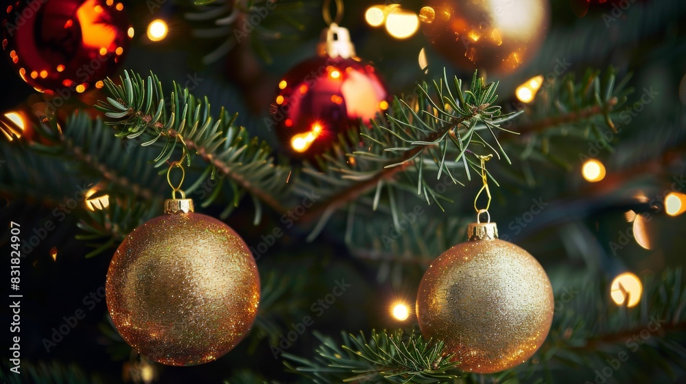 A tree with two golden ornaments hanging from it. The tree is decorated for Christmas