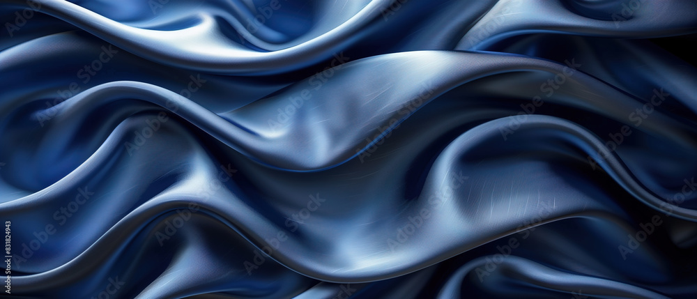 Fototapeta premium Navy Blue Satin Drape: A luxurious navy blue satin fabric drapes in soft, flowing waves, creating an elegant and sophisticated backdrop. The deep, rich color evokes a sense of calm and refinement. 