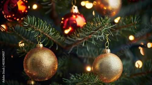 A tree with two golden ornaments hanging from it. The tree is decorated for Christmas