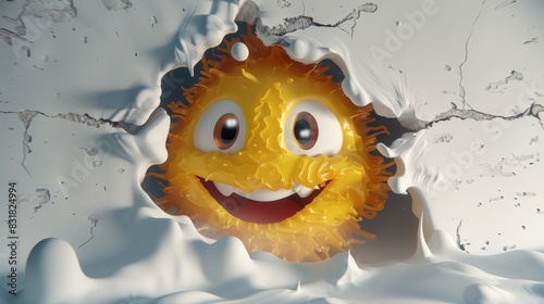 A cartoon face with a yellow smile is peeking out from a hole in a wall. The image has a playful and lighthearted mood, as the cartoon face is smiling and he is enjoying itself photo
