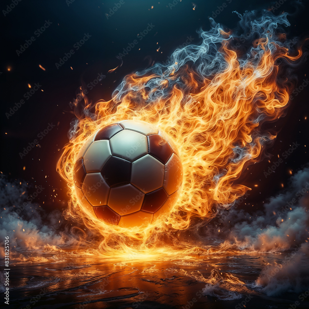 Fototapeta premium Fiery Soccer Ball Flying Through Dark Smoky Sky at Night