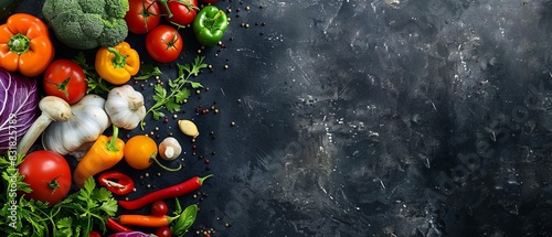 Colorful fresh vegetables arranged on a dark textured background  perfect for healthy eating or cooking concepts with copy space.