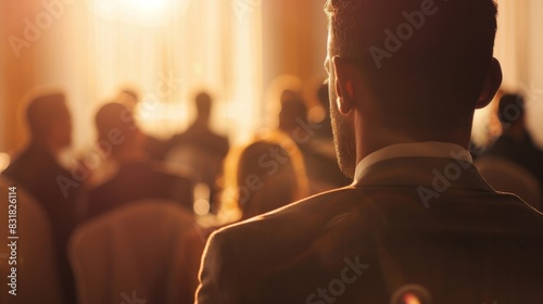 Pensive man amidst sunlight filtering through a gathering photo