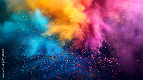 Colorful powder explosion on black background  creating a vibrant burst of hues and textures.