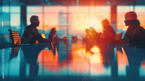 Business minds align against the backdrop of a setting sun photo