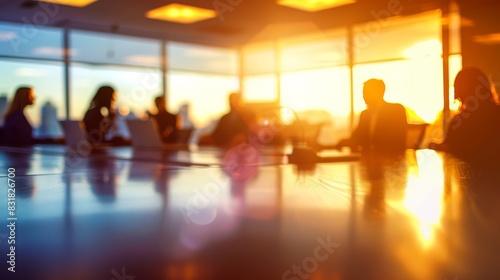 Silhouettes converge in the amber glow of a boardroom sunset