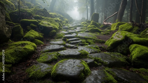 A mossy stone pathway leading through a misty forest  the stones slick and covered in thick green moss  setting a scene for adventure.