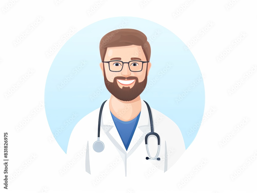 Fototapeta premium Illustration of a friendly male doctor with glasses and a stethoscope, smiling in a white coat against a light blue background.