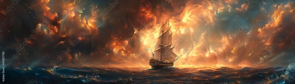 A sailing ship on the edge of a flat world in outer space, highlighting an adventurous and fantastical scene, Conceptual, Contrasting tones, Digital Painting A sailing ship on the edge of a flat world in outer space, highlighting an adventurous and fantastical scene, Conceptual, Contrasting tones, Digital Painting