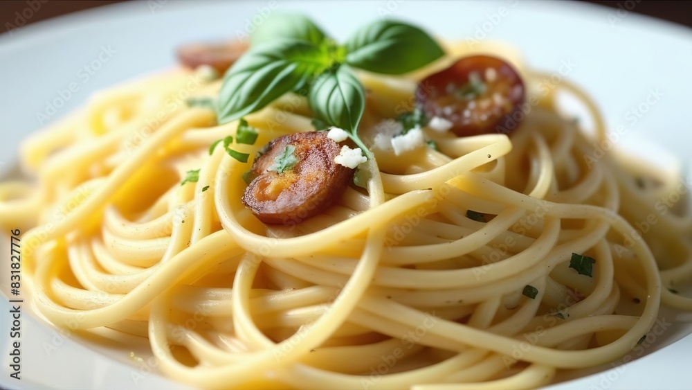 Plate of spaghetti aglio e olio, garnished with fresh basil leaves and chili flakes. The simple yet flavorful dish showcases the elegance of Italian cuisine with its minimalistic presentation Plate of spaghetti aglio e olio, garnished with fresh basil leaves and chili flakes. The simple yet flavorful dish showcases the elegance of Italian cuisine with its minimalistic presentation