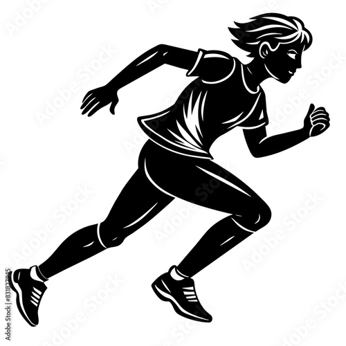 Black and white silhouette of person running on a white background