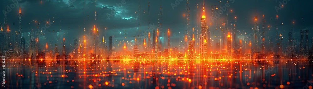 Naklejka premium Oil field with rising stock indicators, financial growth concept, dramatic lighting