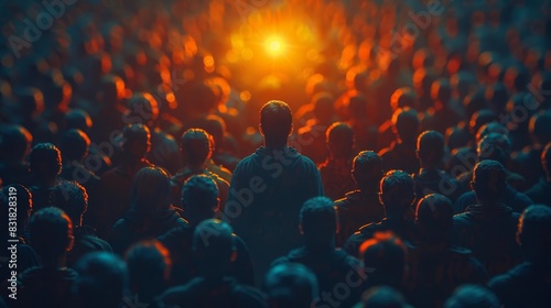 One illuminated person in a crowd of dark figures, representing uniqueness and standing out, Dramatic, Soft lighting, Digital Art photo